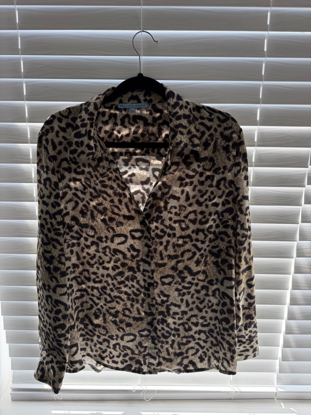 ANTONIO MELANI Leopard-Print Button Front Blouse in Beige and Black